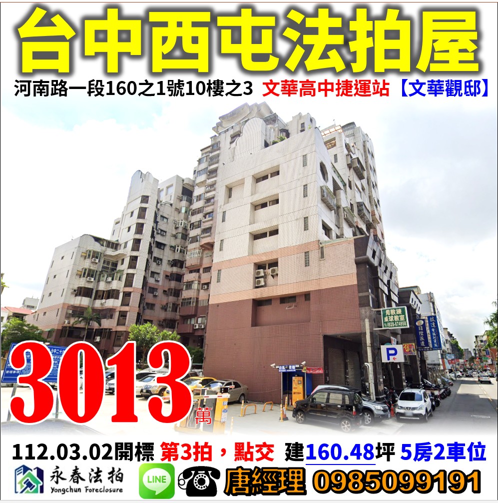 台中市西屯區河南路一段160之1號10樓之3【文華觀邸】0918998800張小姐